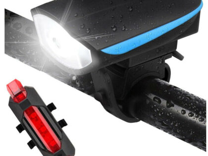 KIT 2 LUCE ANTERIORE POSTERIORE BICI LED TORCIA FANALE FARO BICICLETTA TROMBETTA