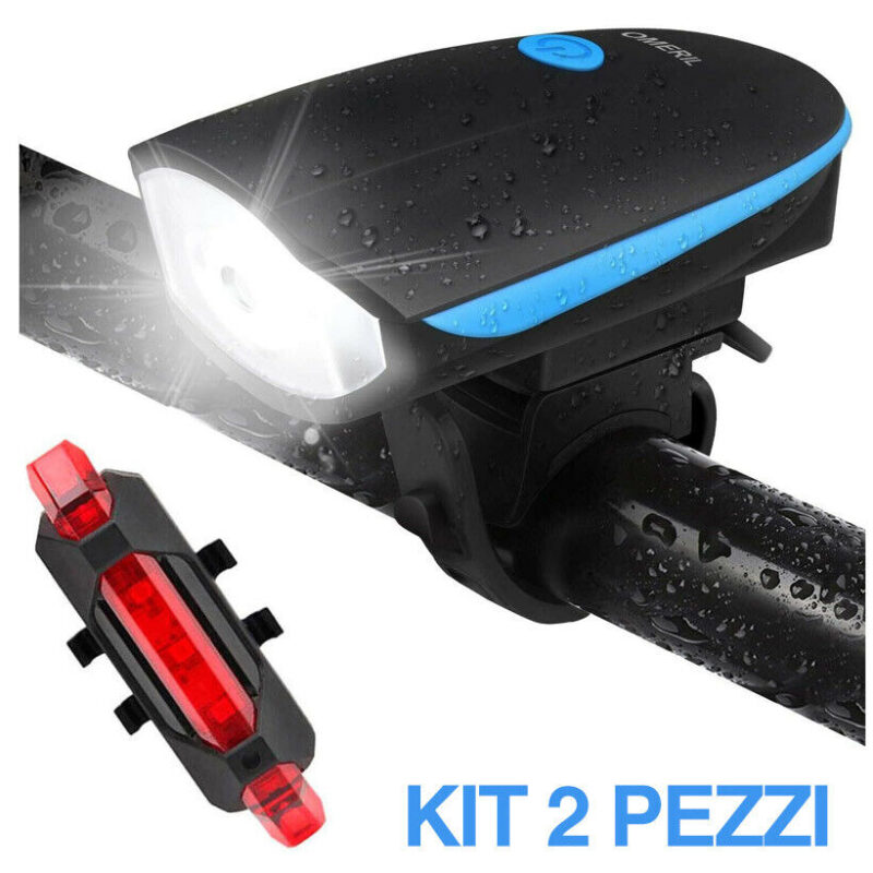 KIT 2 LUCE ANTERIORE POSTERIORE BICI LED TORCIA FANALE FARO BICICLETTA TROMBETTA